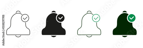 Notification Bell With Checkmark Line And Solid Icon Set. Alert Confirmation And Task Completion Symbol Collection. Reminder And Update Acknowledgment. Isolated Vector Illustration