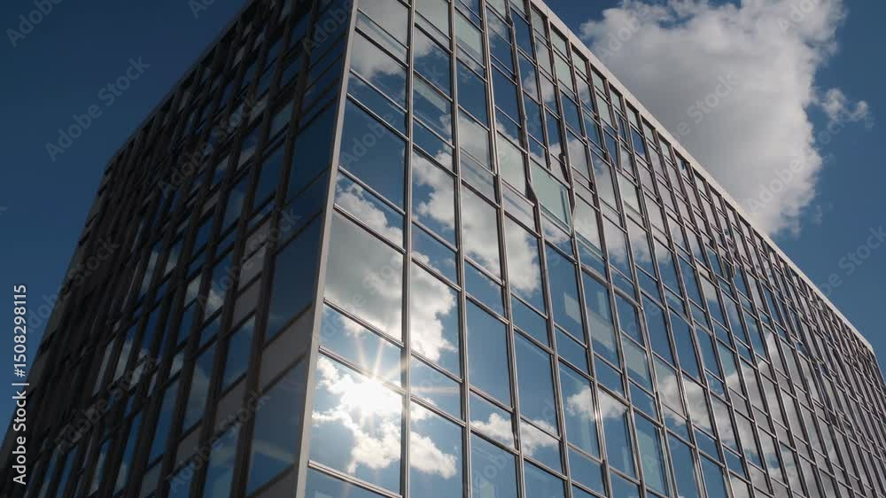 Gleaming glass facade reflecting vibrant sky with clouds and sunlight, mirroring architectural excellence of modern urban skyscraper
