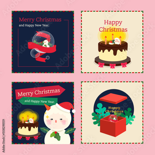 Set of cute square Christmas greeting illustrations with cakes, snow globe, and festive elements. Vector illustration.