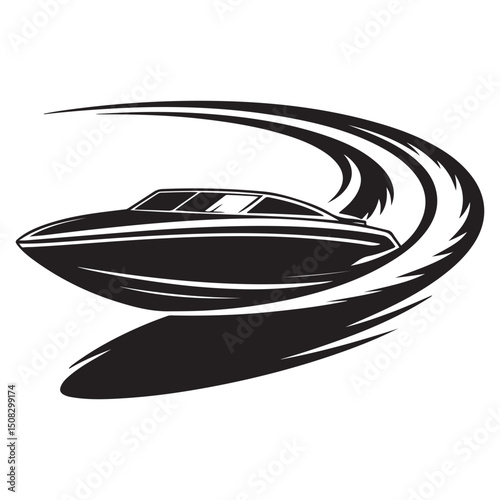 Speed boat or speedboat motorboat flat vector icon for transportation apps and websites. Vector black silhouette. with white background