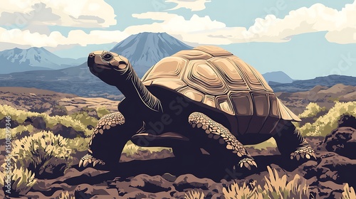 Galapagos tortoise in volcanic landscape.
