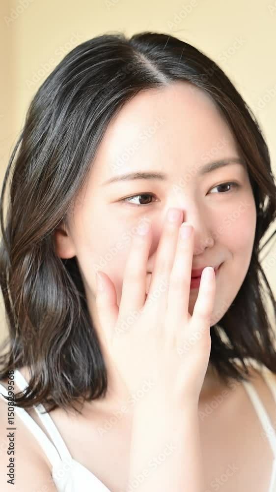 鏡を見ながらお手入れする素肌感が美しい若い女性の美容やビューティーイメージクローズアップの縦動画 鏡を見ながらお手入れする素肌感が美しい若い女性の美容やビューティーイメージクローズアップの縦動画