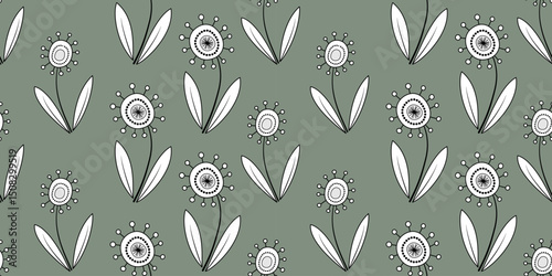 Floral seamless pattern in retro style. Monochrome flowers on green background. Unusual fantasy daisy flowers with clear black contour. Cute childish plant design.