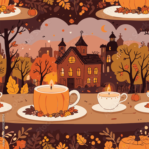 Warm and cozy art capturing an autumn scene with pumpkin-shaped cups holding candles, surrounded by rich fall colors and a whimsical background featuring houses and trees in seasonal glory.