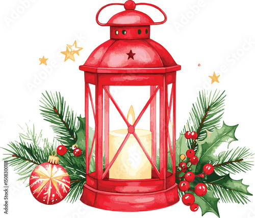 Red lantern with holiday decorations, Christmas candle in a lantern with holly and ornaments for festive winter ambiance, watercolor illustration
