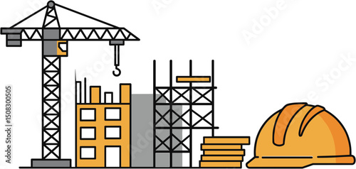 Construction site with crane, building framework, and hard hat  