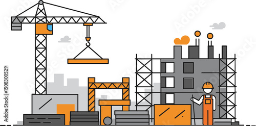 Construction site with cranes and workers in orange safety gear  