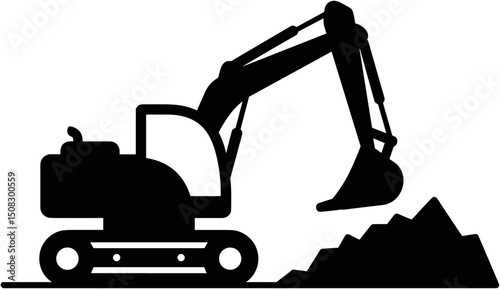 Excavator digging soil on construction site in silhouette style  