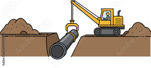 Excavator lifting large pipe for construction in trench site  