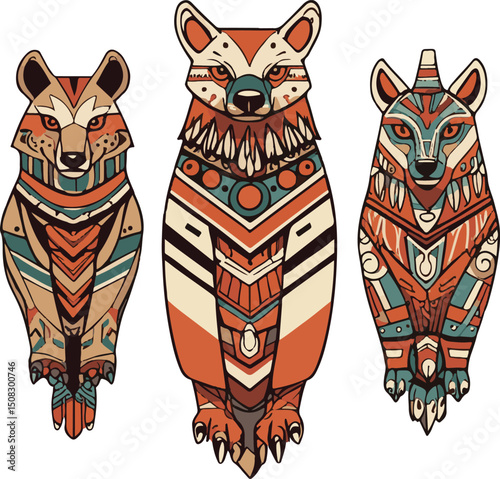 A vibrant tribal-inspired vector featuring bears and wolves with intricate geometric designs in warm and earthy tones, evoking concepts of nature, spirit, and culture.
