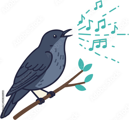 Nightingale singing its songs with musical notes against a branch  