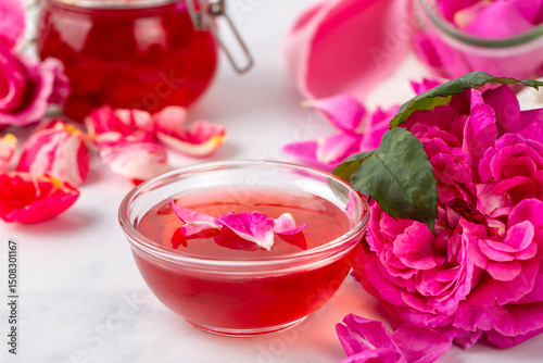 Rose jam and rose petals.