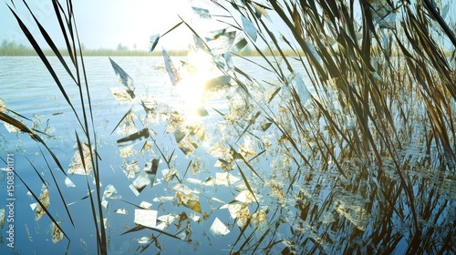 Reeds near water with sunlight reflecting off the surface creating a bright scene.