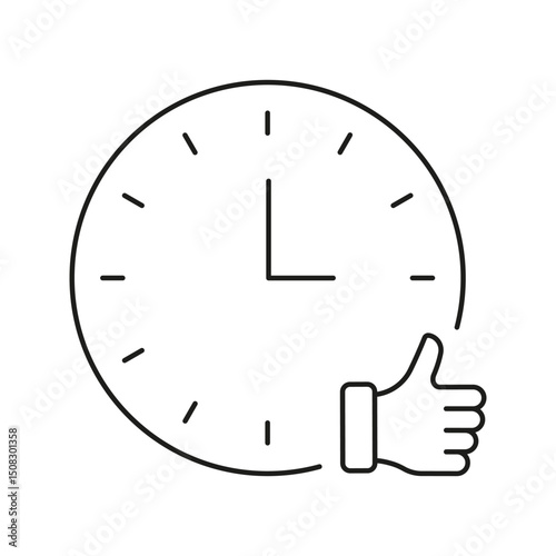 Clock With Thumbs Up Line Icon. Time Management, Punctuality, And Approval Symbol. Efficient Scheduling And Positive Feedback. Editable Stroke. Isolated Vector Illustration