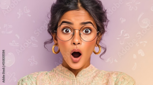 Shocked Woman With Glasses on Soft Pink Background With Flowers