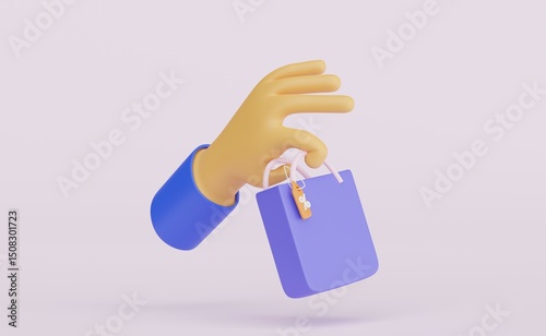 3d hand holding shopping bag icon. Delivery concept, 3d illustration isolated on purple background