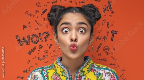 Surprised Girl With WOW Text and Doodles on Orange Background