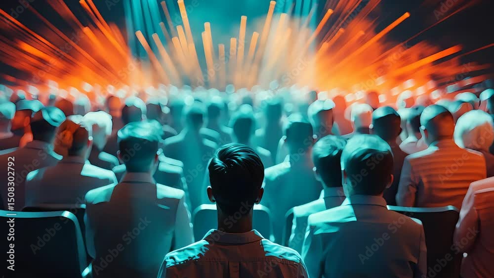 Crowd watching vibrant light show with orange and blue beams at concert event in dark arena with seated audience at night