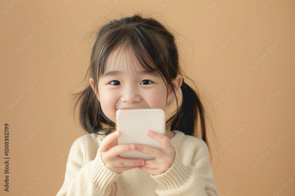 Little girl holding up a smartphone and smiling brightly in a white dress on beige background. Little girl holding up a smartphone and smiling brightly in a white dress on beige background.