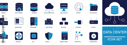 data center icon set featuring servers, racks, cloud, server, storage, network, database, it, infrastructure, backup, and computing symbols for tech and business design.