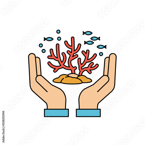 Hands protecting coral reef ocean care icon