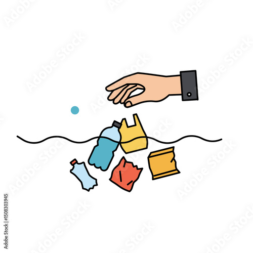 Hand collecting plastic waste from ocean cleanup icon