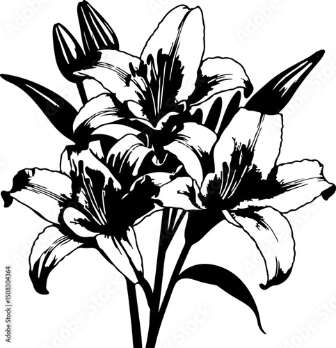 Striking Black and White Stargazer Lily Bouquet with Buds, Ideal for Tattoo and Graphic Art