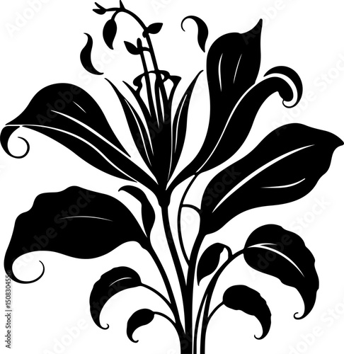 Elegant Art Deco Inspired Black Flower Silhouette with Stylized Leaves and Buds