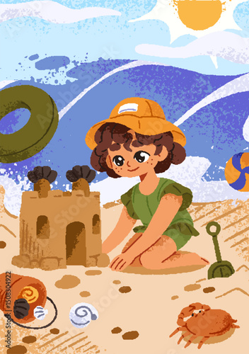 Happy little girl in swimsuit builds sand castle on beach at sea resort. Child makes sandcastle on seashore on summer holidays, vacations. Cute kid plays on ocean coast. Flat vector illustration