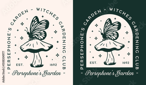 Witches witch persephone's garden magical theme gardening club plant lovers logo badge girls shirt design. Whimsical cottagecore witchy retro dark green aesthetic gardener illustration poster print.