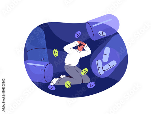 Drug addiction concept. Sad man with narcotic dependence abuses pills. Person with bad habit, destructive lifestyle has harmful influence of pharmacy. Flat isolated vector illustration on white