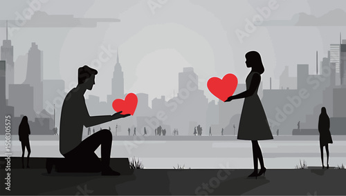 Silhouetted couple exchanging hearts in a scenic cityscape.