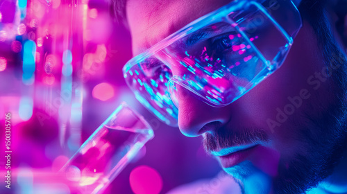 Wallpaper Mural Man with Augmented Reality glasses, futuristic technology, examining test tube in neon lighting Torontodigital.ca