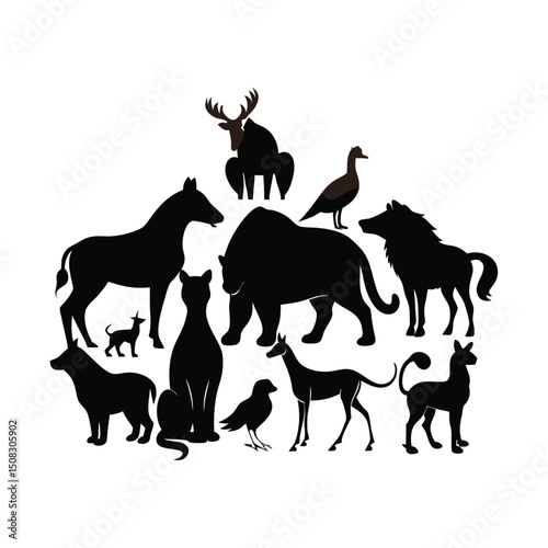 Wild animal silhouettes vector collection including horse, deer, elephant, cat, dog, tiger, giraffe, and bear illustrations