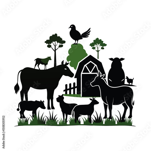 A comprehensive vector illustration set showcasing various isolated farm animal silhouettes like horses, cows, donkeys, bulls, and goats