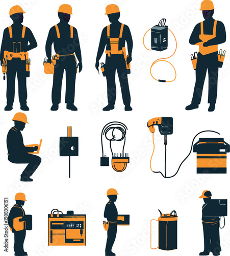 Silhouette of diverse construction workers in safety gear, engaged in various tasks.