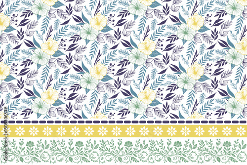 cotton flower line pattern, floral sketch seamless textile, fashion wrapping paper idea, one line border print, modern fabric texture

