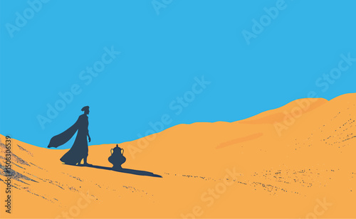 A silhouetted figure in a flowing cape walks through a vast desert landscape.