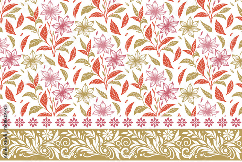 trendy seamless fabric sketch, one line cotton flower texture, floral pattern with border, wrapping paper fashion print, rose textile design

