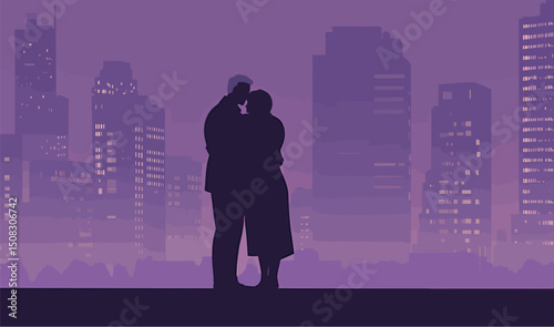Silhouette of a couple embracing against a purple city skyline at dusk.