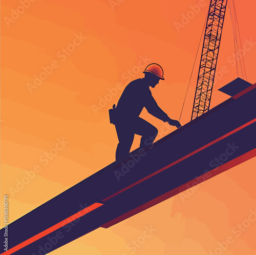 Silhouette of a male construction worker at sunset on a steel beam.