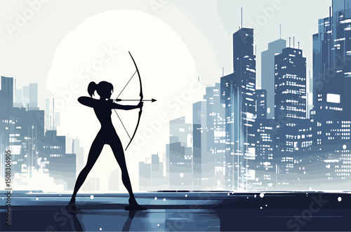 Silhouette of a female archer poised to shoot in a futuristic cityscape at dusk.