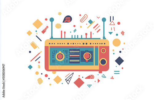 Colorful retro radio surrounded by vibrant geometric shapes.