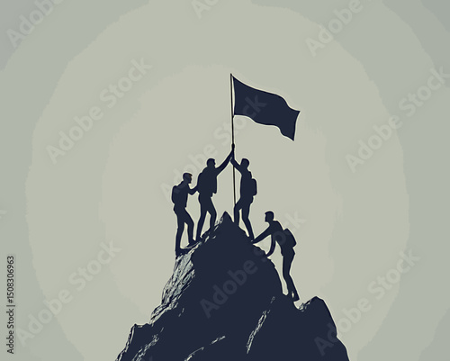 Group of climbers celebrating victory on peak, raising flag triumphantly.
