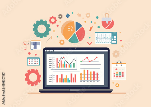 Stylish laptop displaying colorful data analytics and charts on a light background.