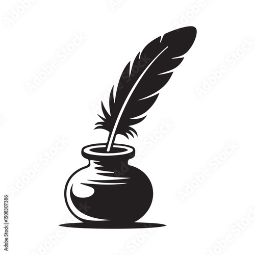 Feather quill pen with inkpot flat icon for apps and websites, Vector black silhouette. with white background