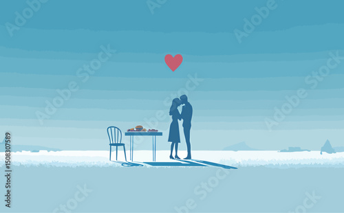 A romantic couple shares a kiss in a serene blue setting with a table of treats nearby.