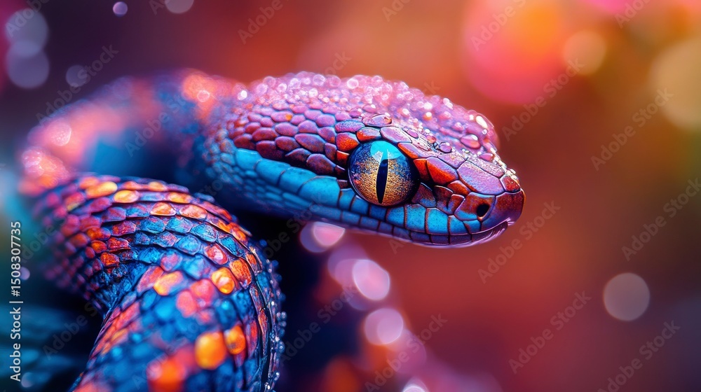 Fototapeta premium Vibrant Rain-Kissed Snake A Close-Up Portrait of a Colorful Serpent
