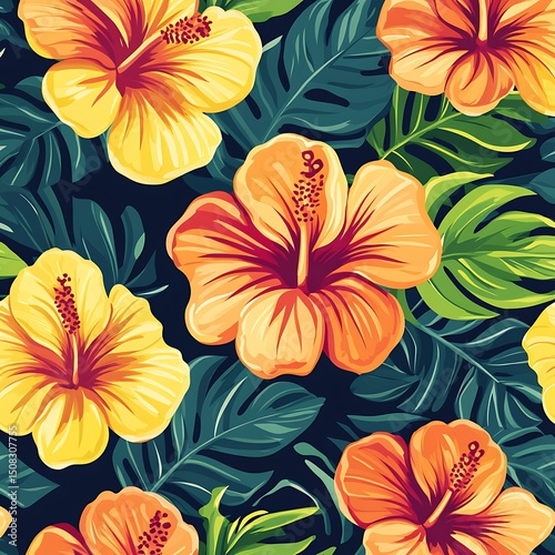 Vibrant floral pattern of hibiscus flowers and tropical leaves.