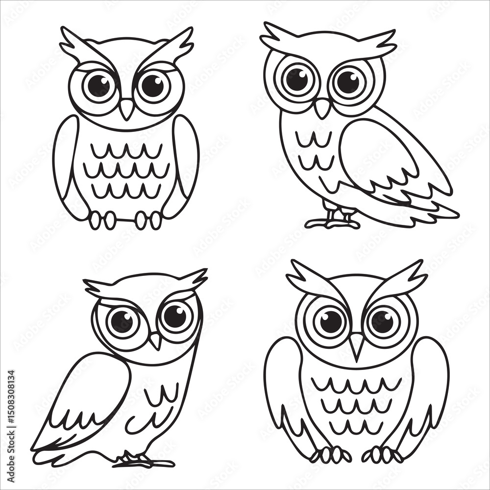 Fototapeta premium One-Line Cartoon Owl Silhouette Illustrations with Expressive Features